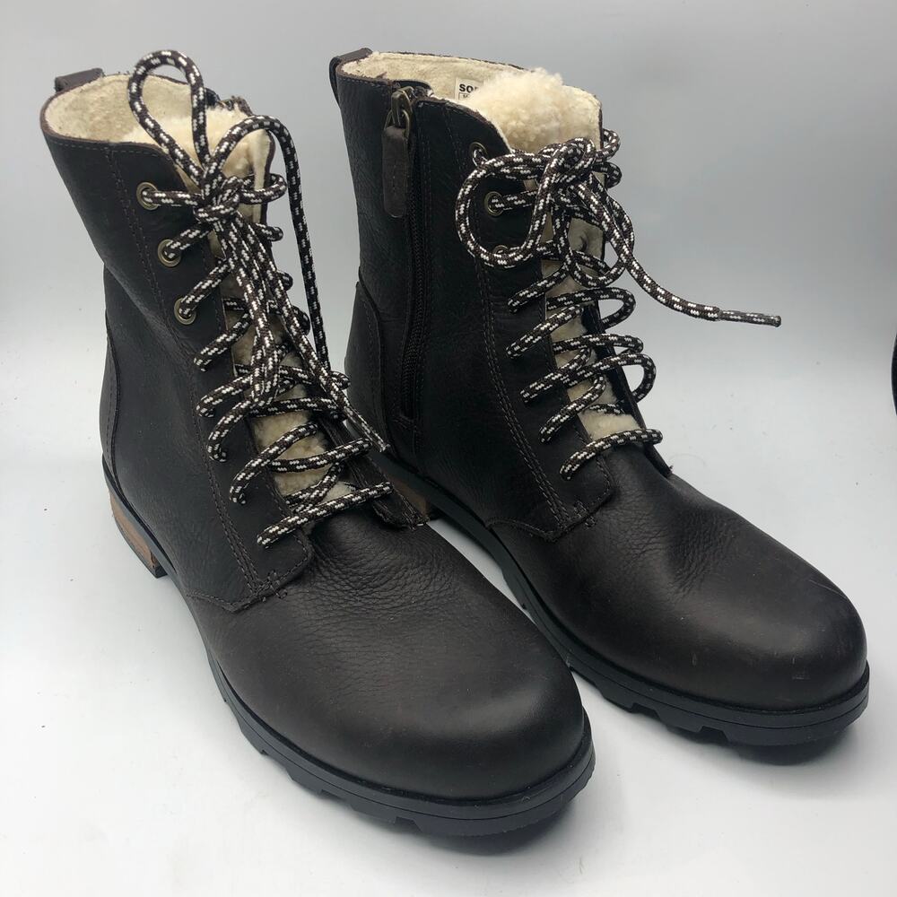 Sorel Emelie Shearling Short Lace-Up Leather Boots Blacken Brown EU 40/US 9